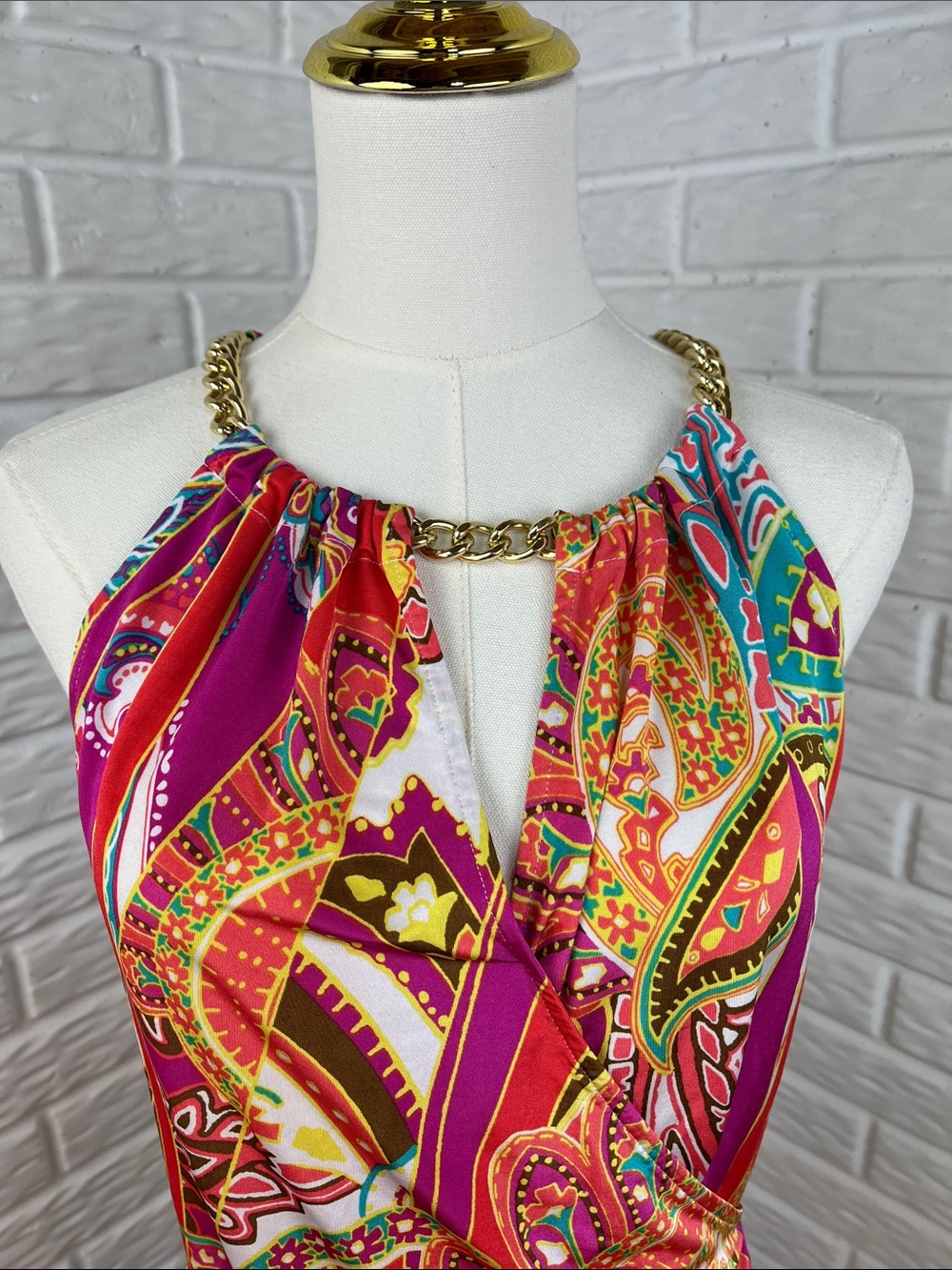 CACHÉ Y2K VINTAGE HALTER BLOUSE CHAIN COLLAR FAUX WRAP COLORFUL PAISLEY SZ LG - Picture 2 of 12